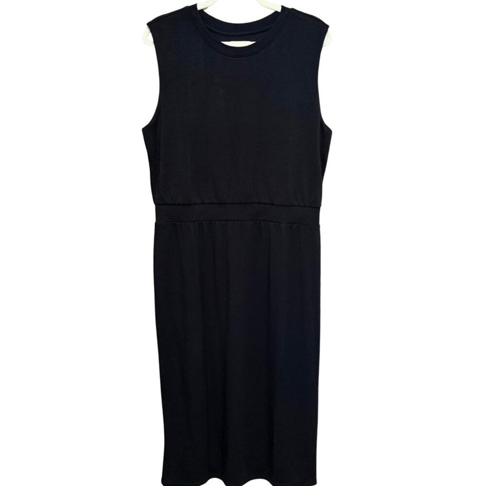 Lou & Grey Signaturesoft Dress Size L Black Knit Cap Sleeve Ribbed Waist NEW